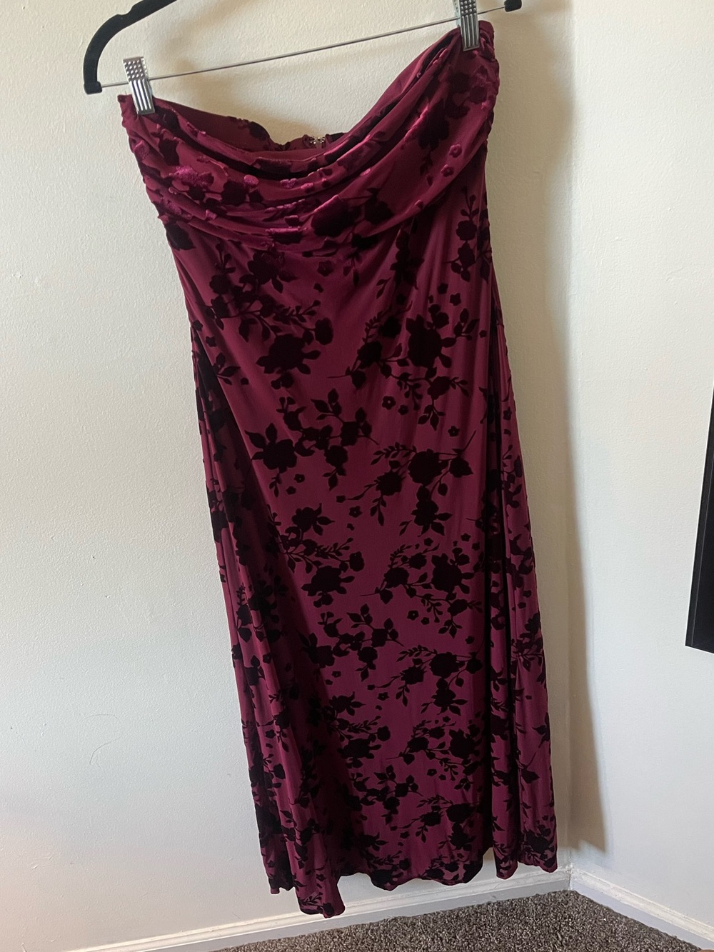 Strapless Floral Maxi Dress in Wine w/ Burnout Pattern